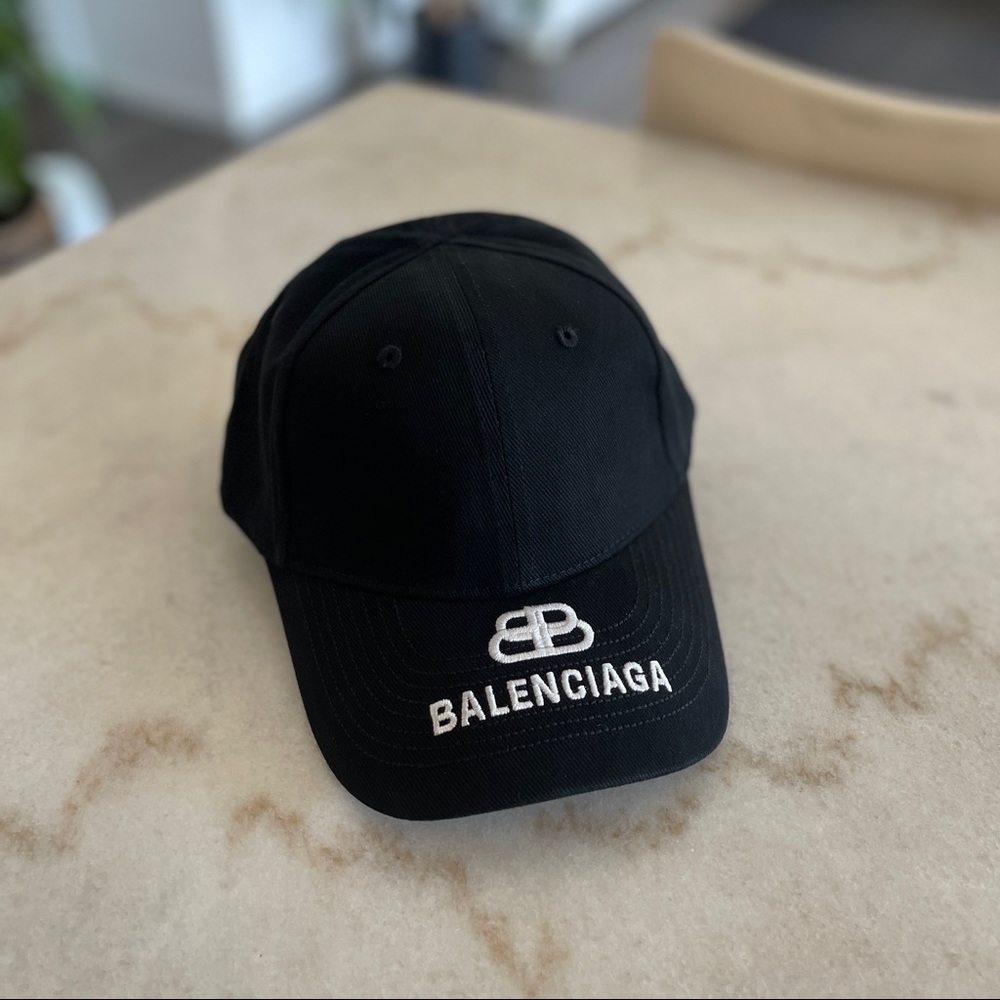 SOLD BALENCIAGA BB Brim Black Cap White Logo Hat Cotton Large Unisex Mens Womens